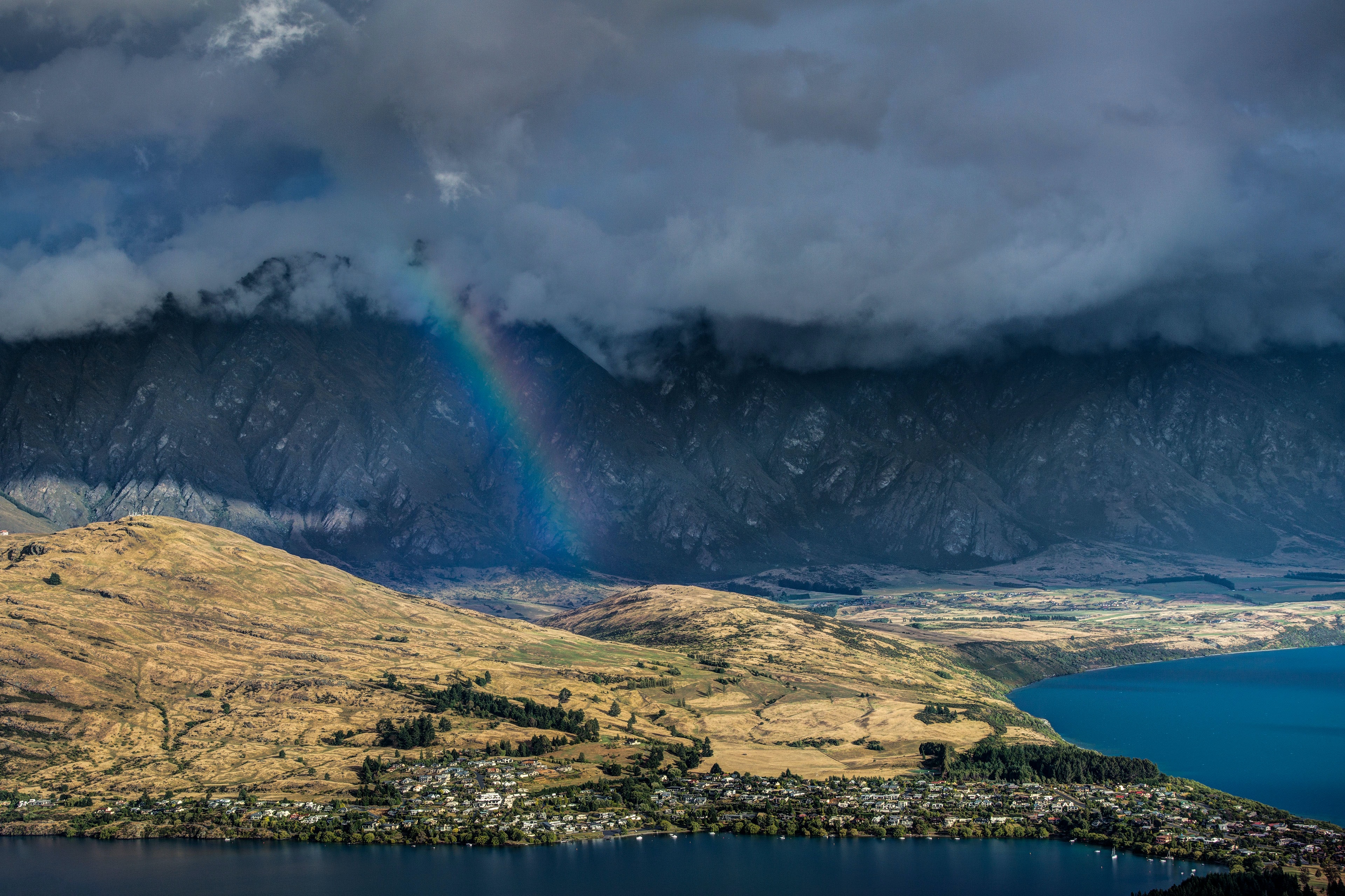 A rainbow over a New Zealand town